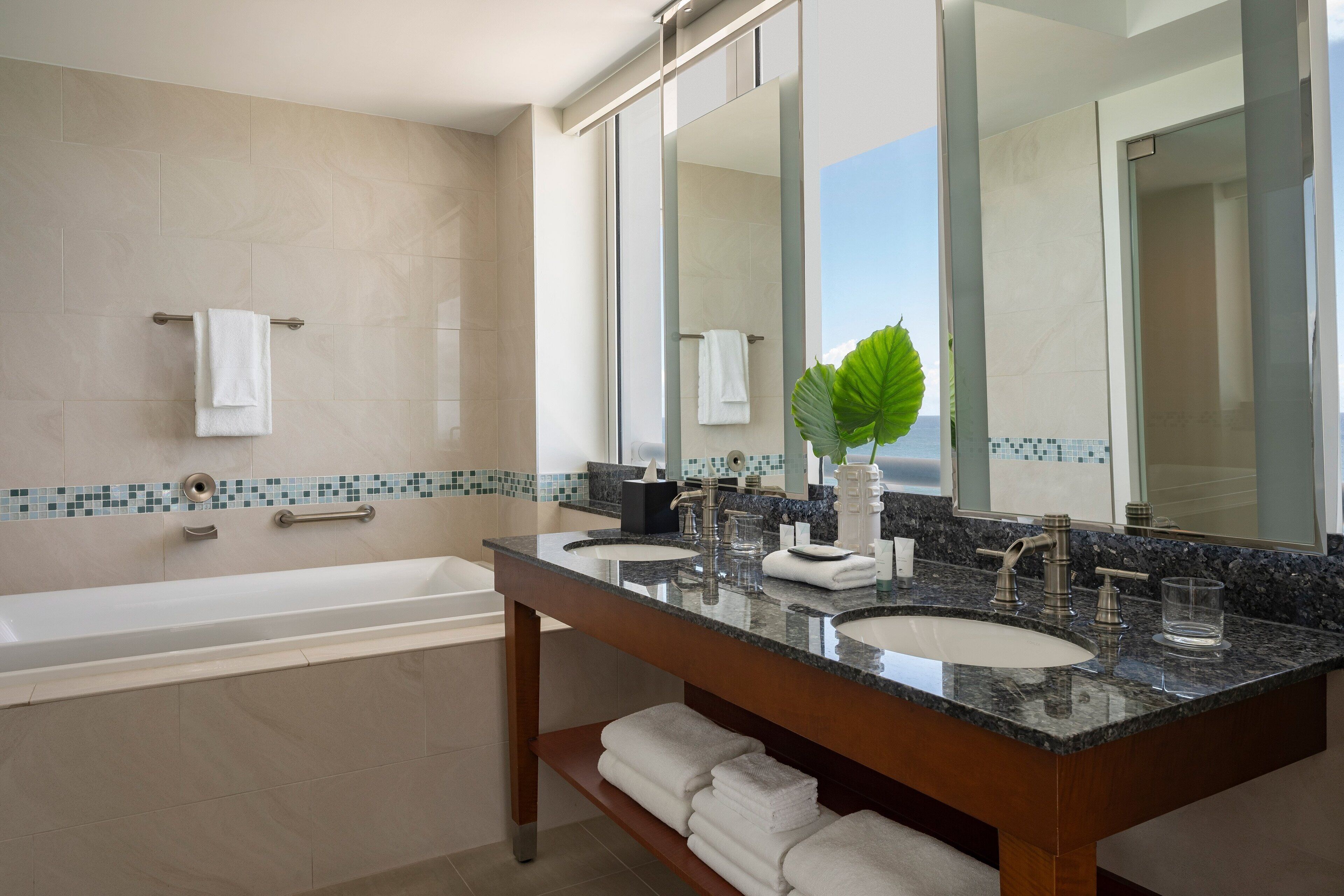 royal suite, 1 bedroom, ocean view | bathroom | combined shower/bathtub, hair dryer, towels