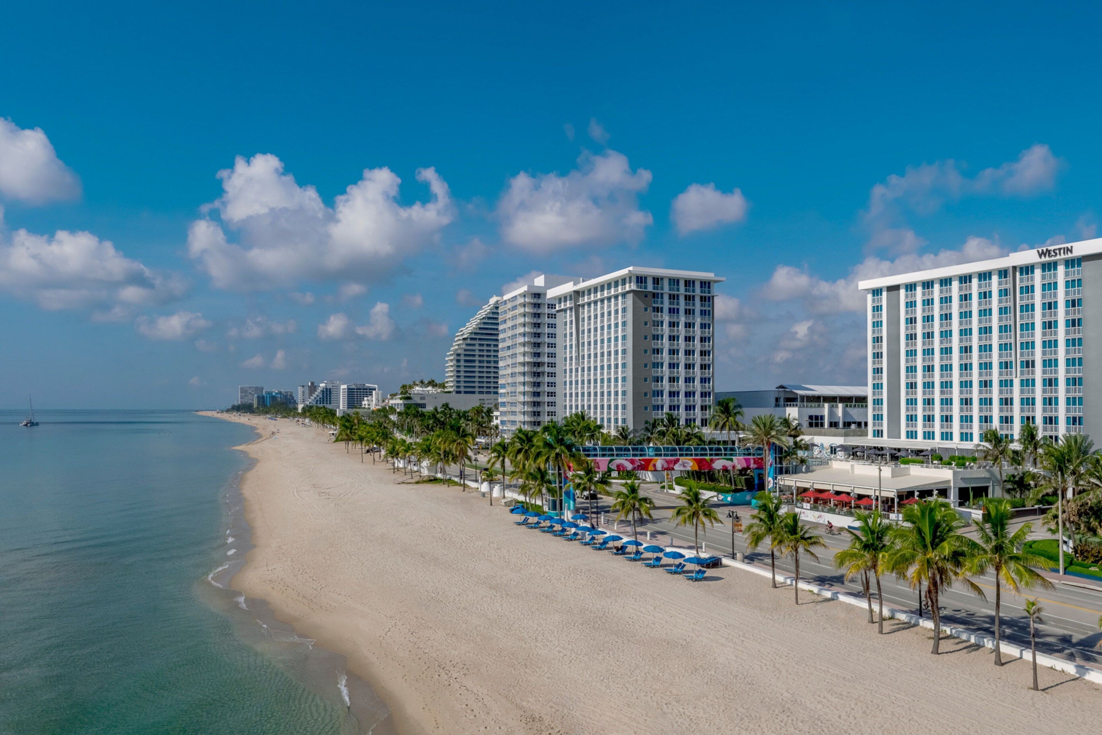 A beachfront hotel with a sandy beach, palm trees, and modern buildings.