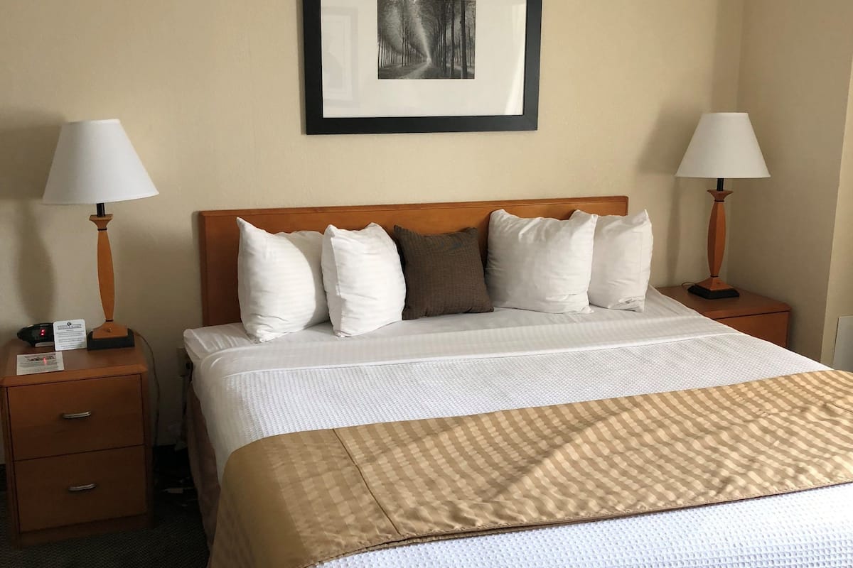 hypo-allergenic bedding, desk, blackout curtains, soundproofing