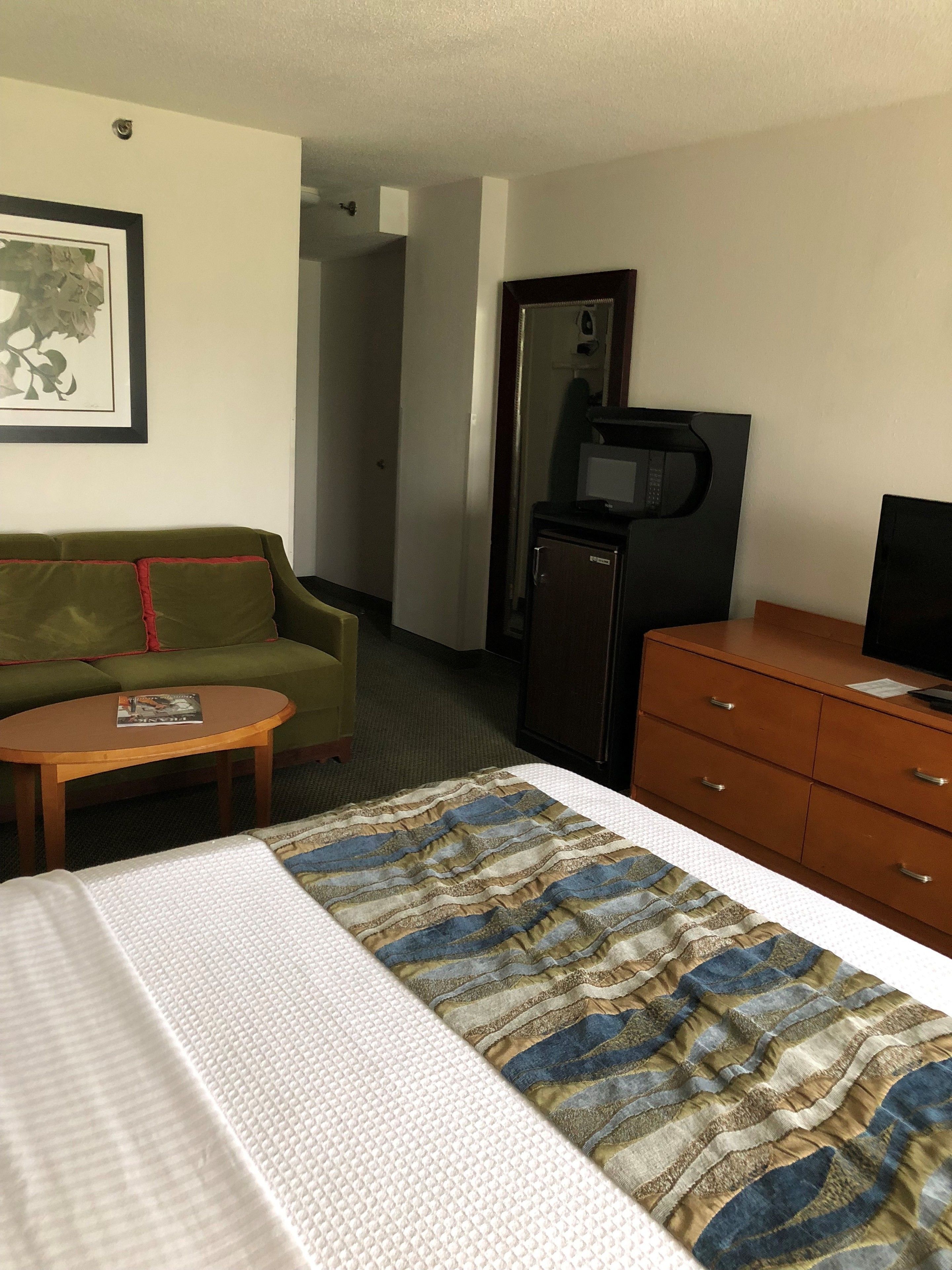 Une chambre d’hôtel avec un lit, un canapé vert, une table en bois, un petit bureau avec des tiroirs et un téléviseur.