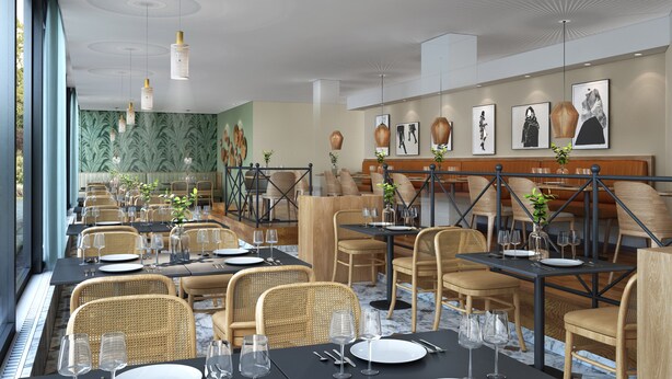 A restaurant with multiple tables and chairs, some with plants. - Mercure Parkhotel Mönchengladbach (Moenchengladbach)