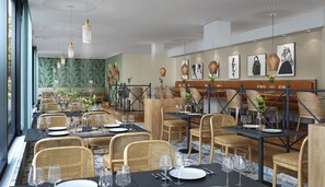 A restaurant with multiple tables and chairs, some with plants. - Mercure Parkhotel Mönchengladbach (Moenchengladbach)