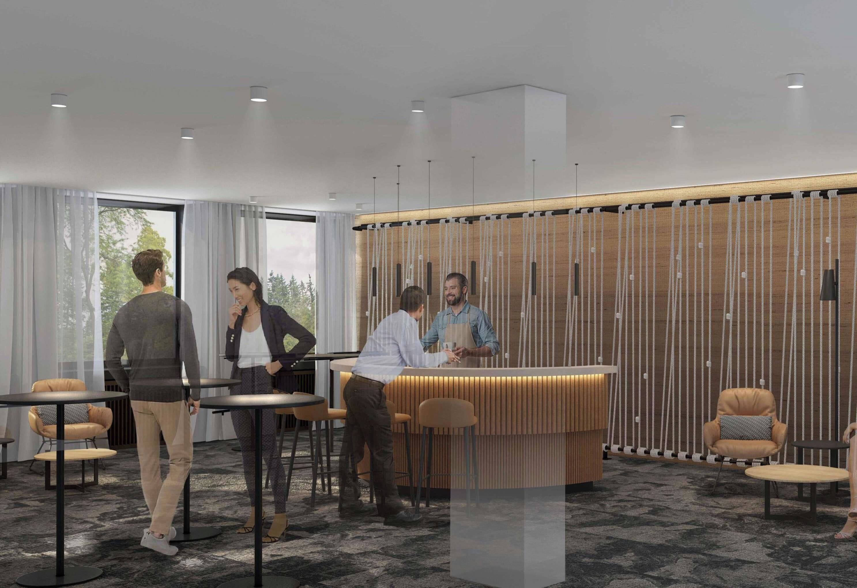 A modern reception area with a wooden wall, a reception desk, and several seating areas with round tables.