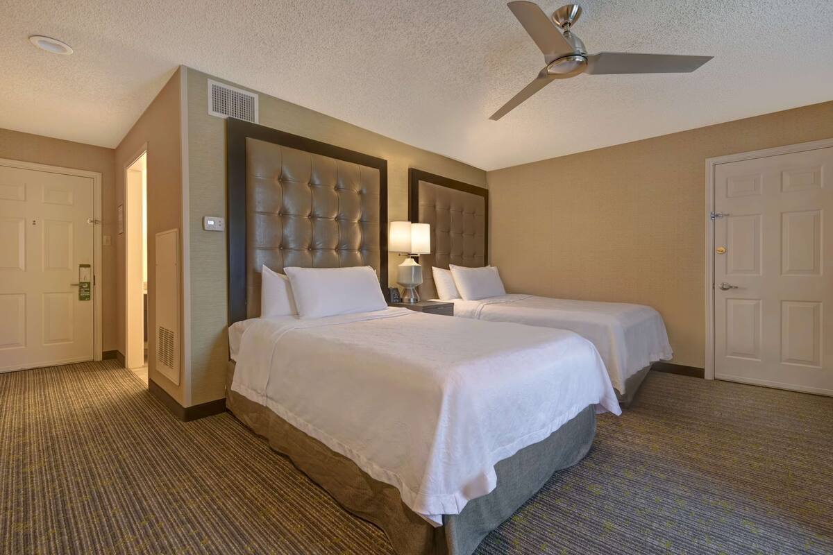 A hotel room with two beds, a ceiling fan, a lamp, and a carpeted floor.