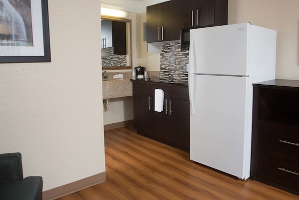 Fridge, microwave, coffee/tea maker