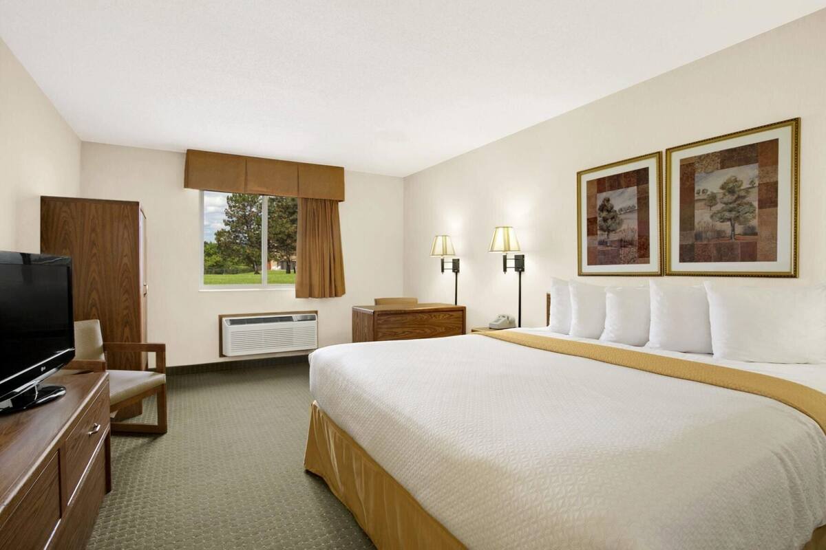 Une chambre d’hôtel avec un lit, un bureau avec une télévision, un radiateur, deux lampes et des tableaux encadrés au mur.