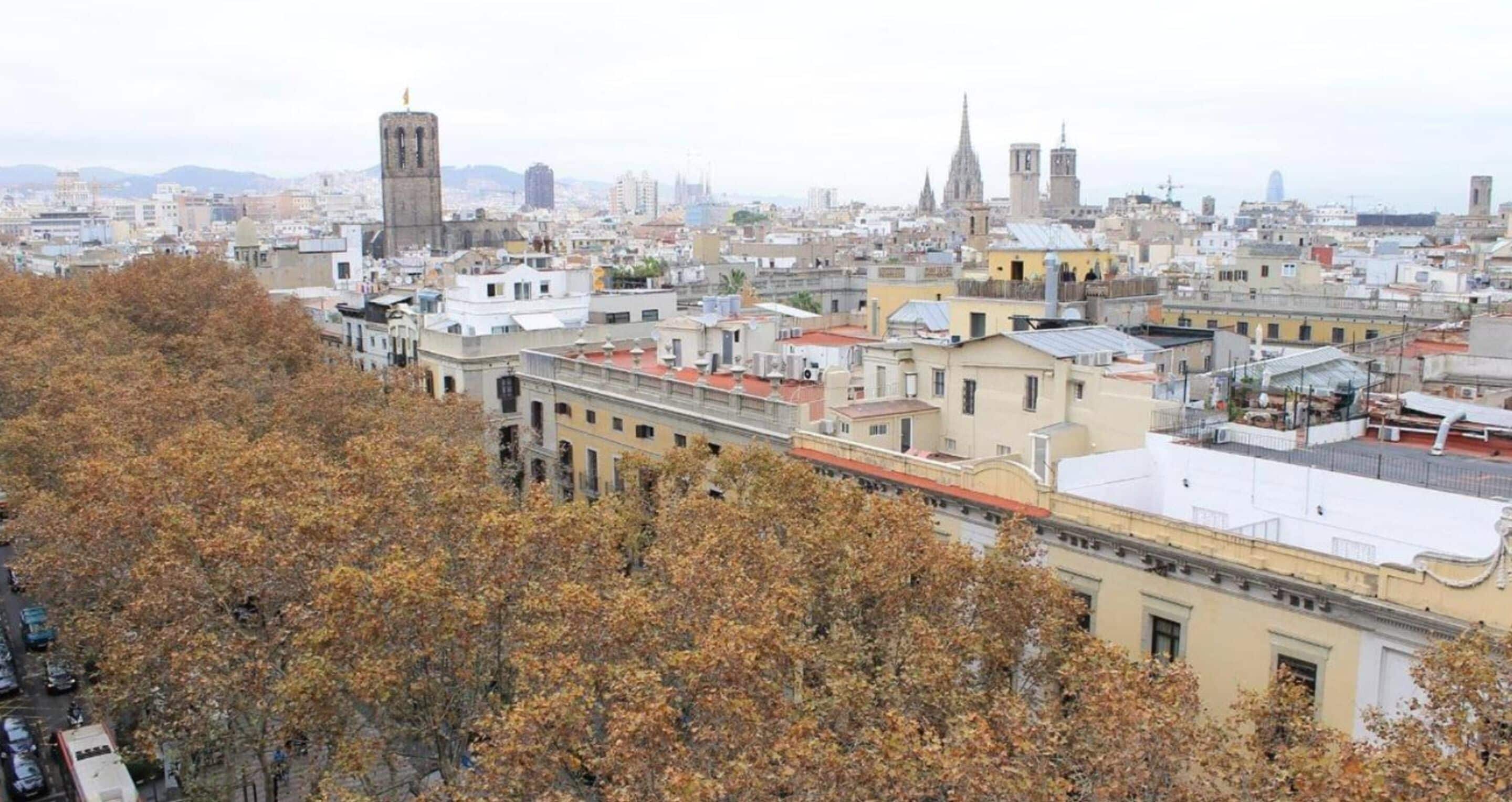A cityscape with a mix of historical and modern buildings, including a prominent tower and a cathedral.