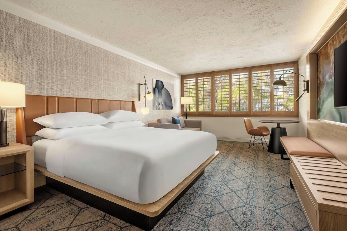 A hotel room with a large bed, a desk, a chair, a sofa, and a window with a view of trees.