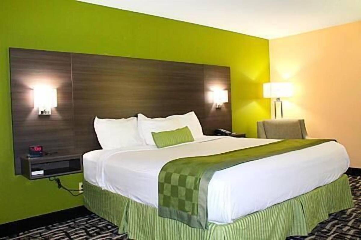Une chambre d’hôtel avec un lit, des murs verts, une tête de lit, des lampes de chevet et une table de chevet.