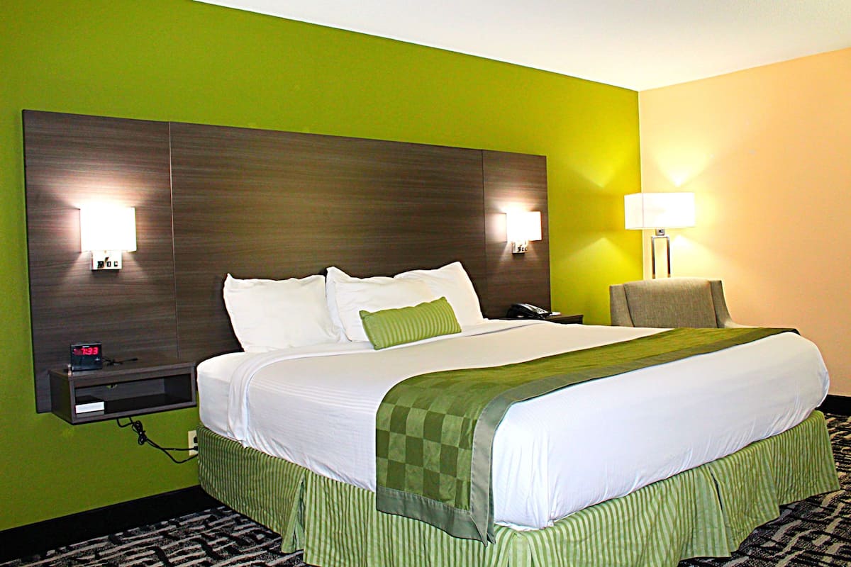 Une chambre d’hôtel avec un grand lit, des murs verts et deux lampes de chevet.