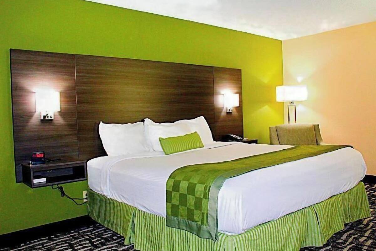 Une chambre d’hôtel avec un grand lit, des murs verts, une tête de lit en bois, deux lampes de chevet et une table de chevet avec une horloge.