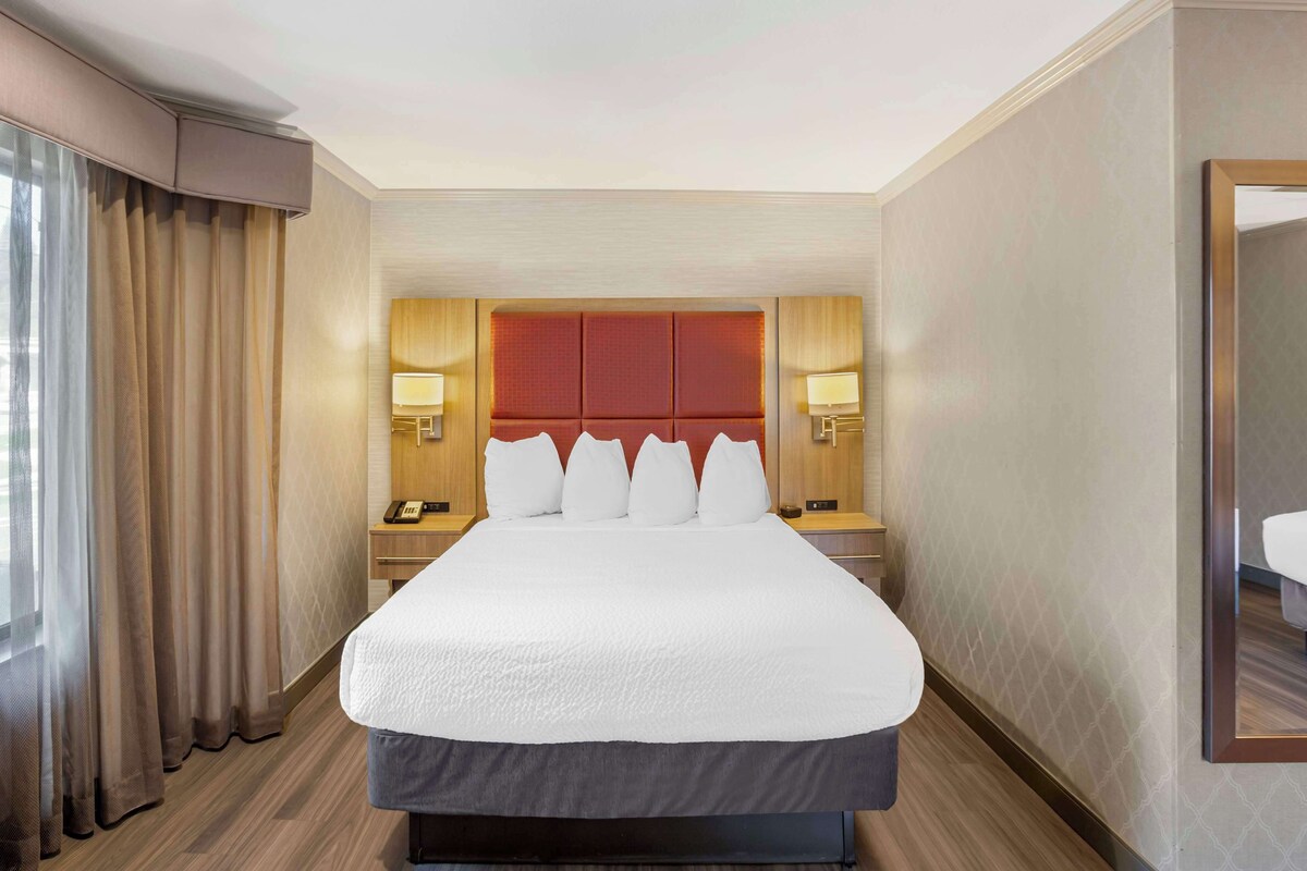 Quarto de hotel com uma cama grande, duas mesas de cabeceira, um criado-mudo, um espelho e uma janela com cortinas.