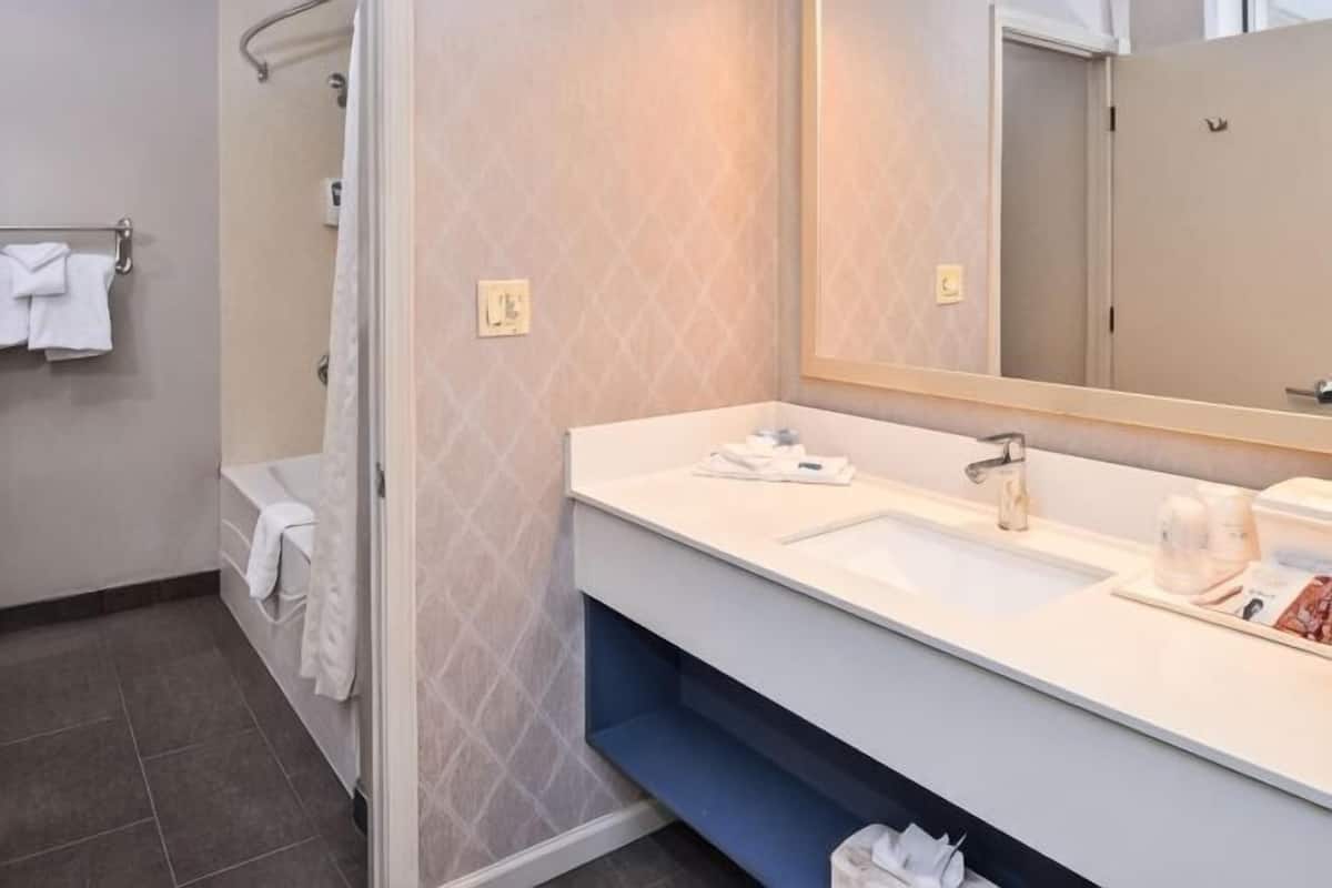Bathroom | Combined shower/tub, free toiletries, hair dryer, towels
