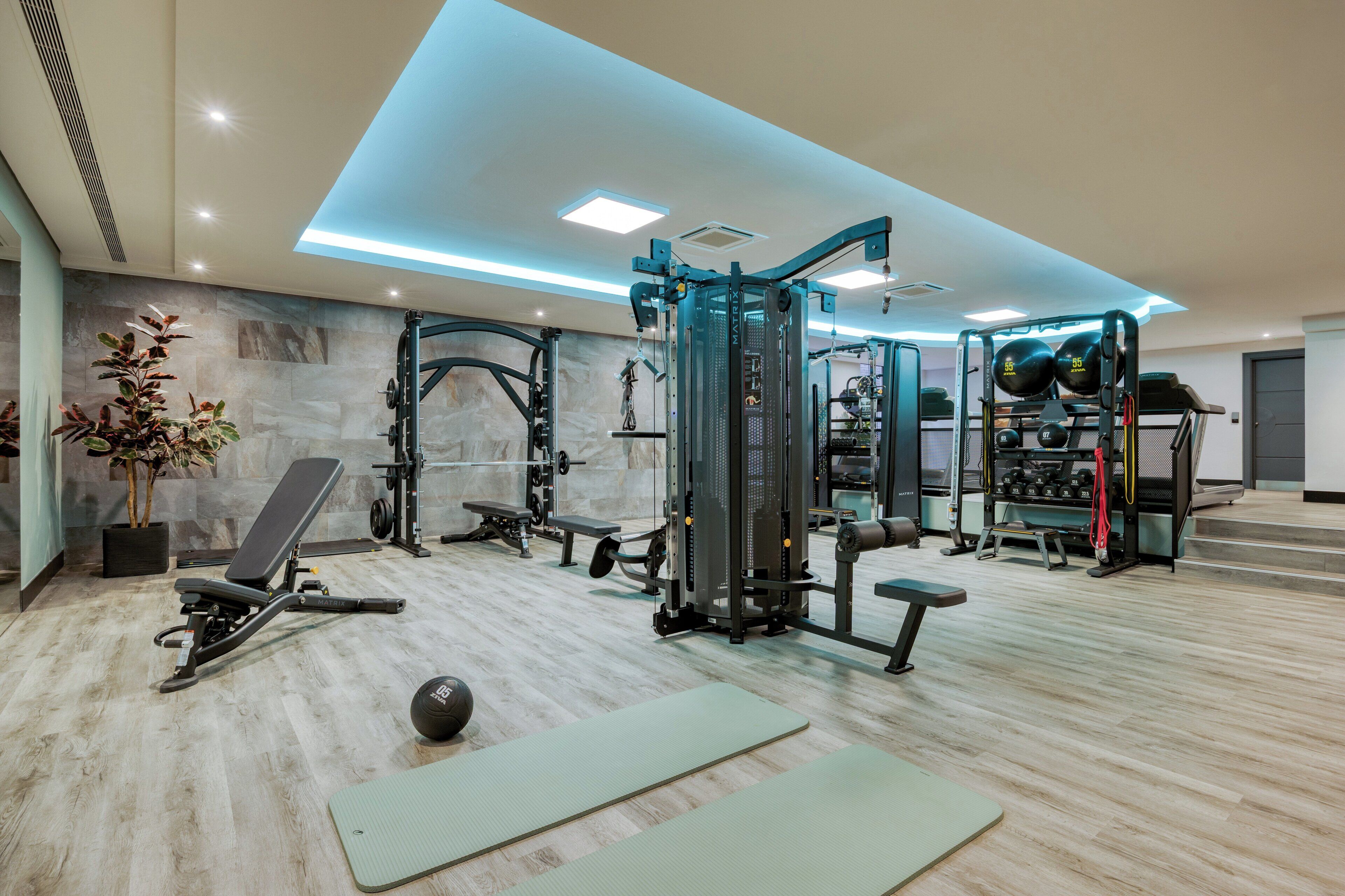 Une salle de sport moderne équipée de divers appareils d’exercice, d’un banc et d’un tapis.