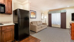 Een compacte hotelkamer met kitchenette, een bank, een flatscreen televisie en een kamerbreed tapijt met dessin.