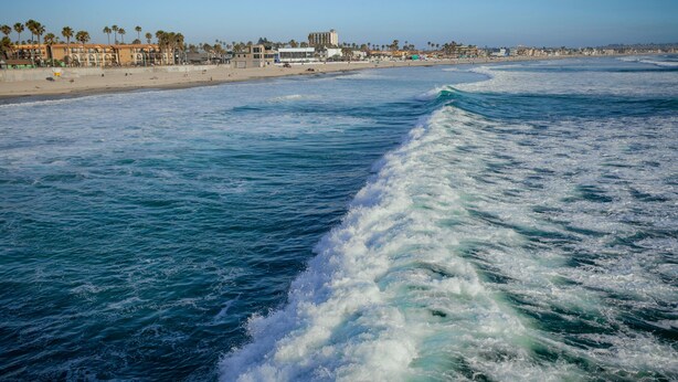 Una playa con olas, una orilla arenosa y edificios al fondo.