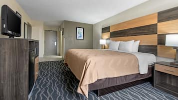 Una habitación de hotel con cama, televisor, escritorio y puerta al baño.