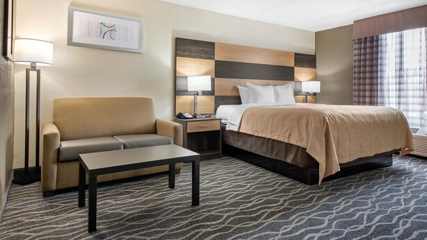 Une chambre d’hôtel avec un lit, un canapé, une table et une table de chevet.