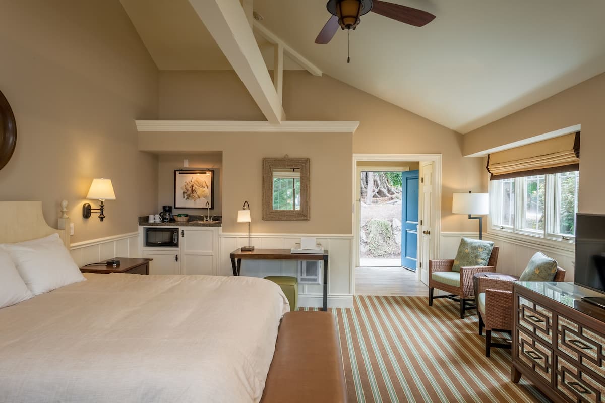 A hotel room with a large bed, a desk, a chair, a television, and a view of the outdoors.