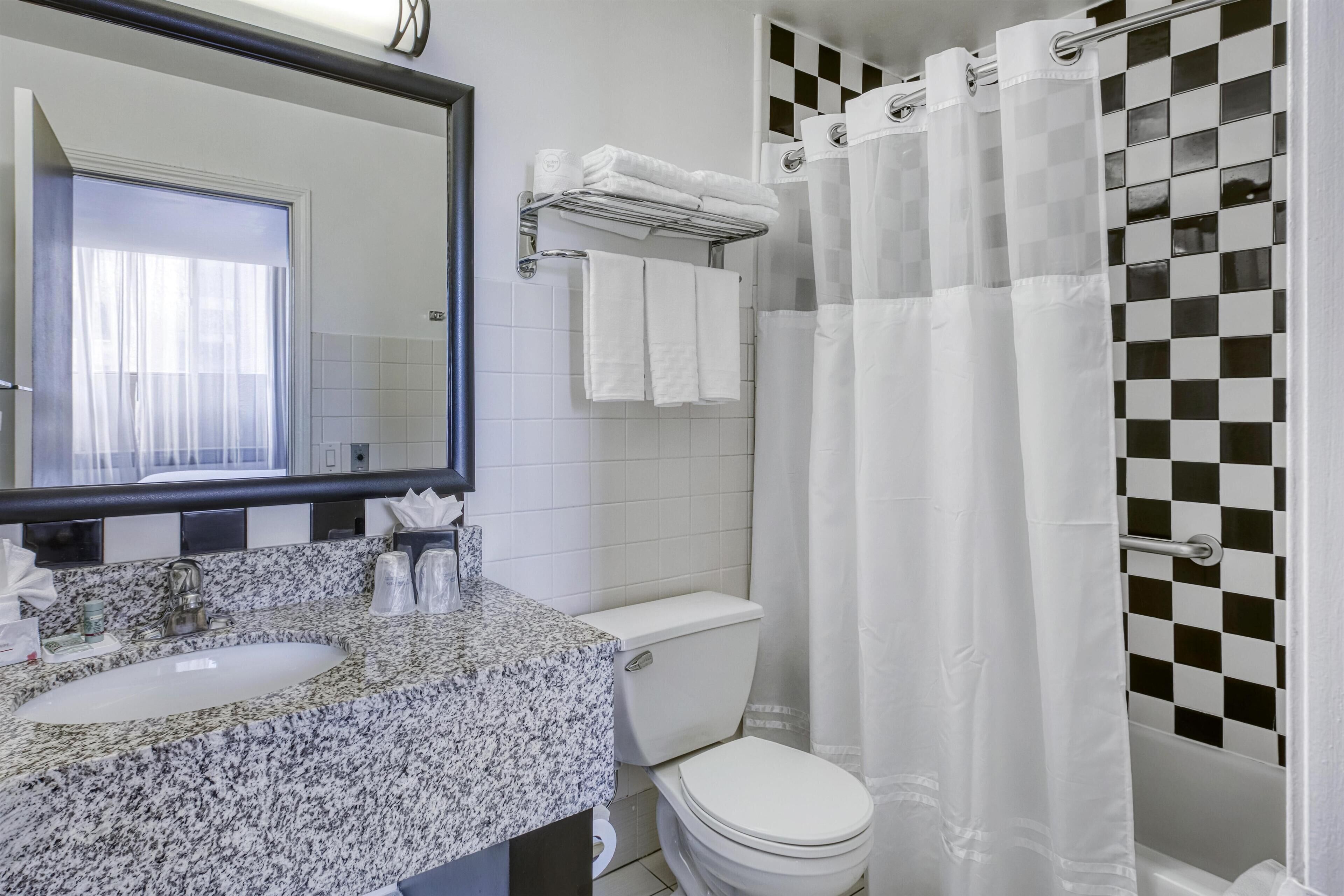 Une salle de bain avec un lavabo en granit, des toilettes blanches et une douche avec un rideau à carreaux.