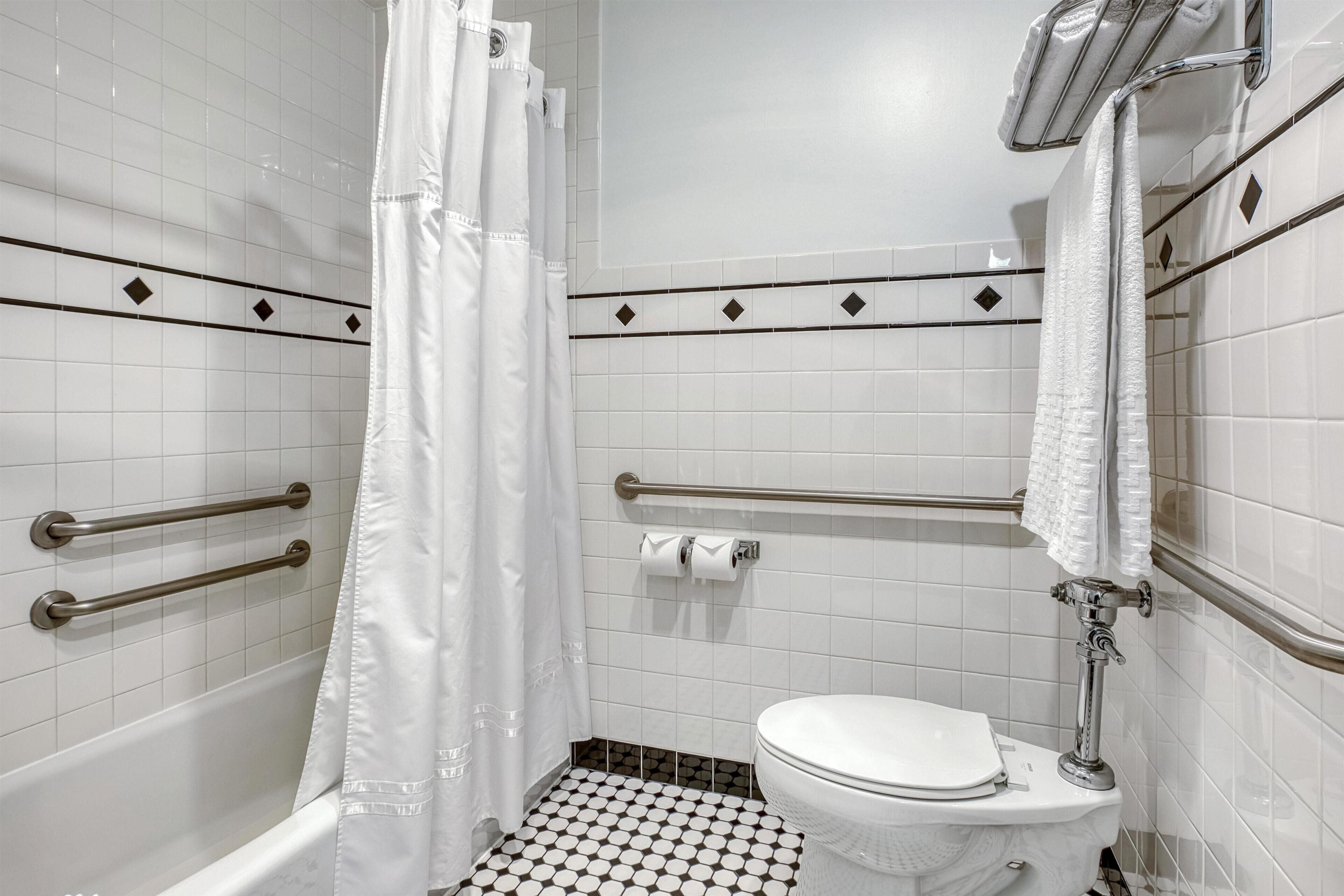 A bathroom with a white toilet, a bathtub, and a shower curtain.