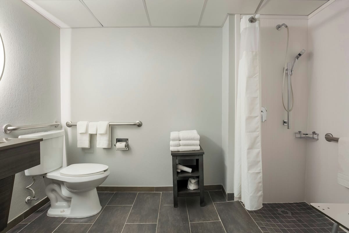 Combined shower/tub, free toiletries, hair dryer, towels