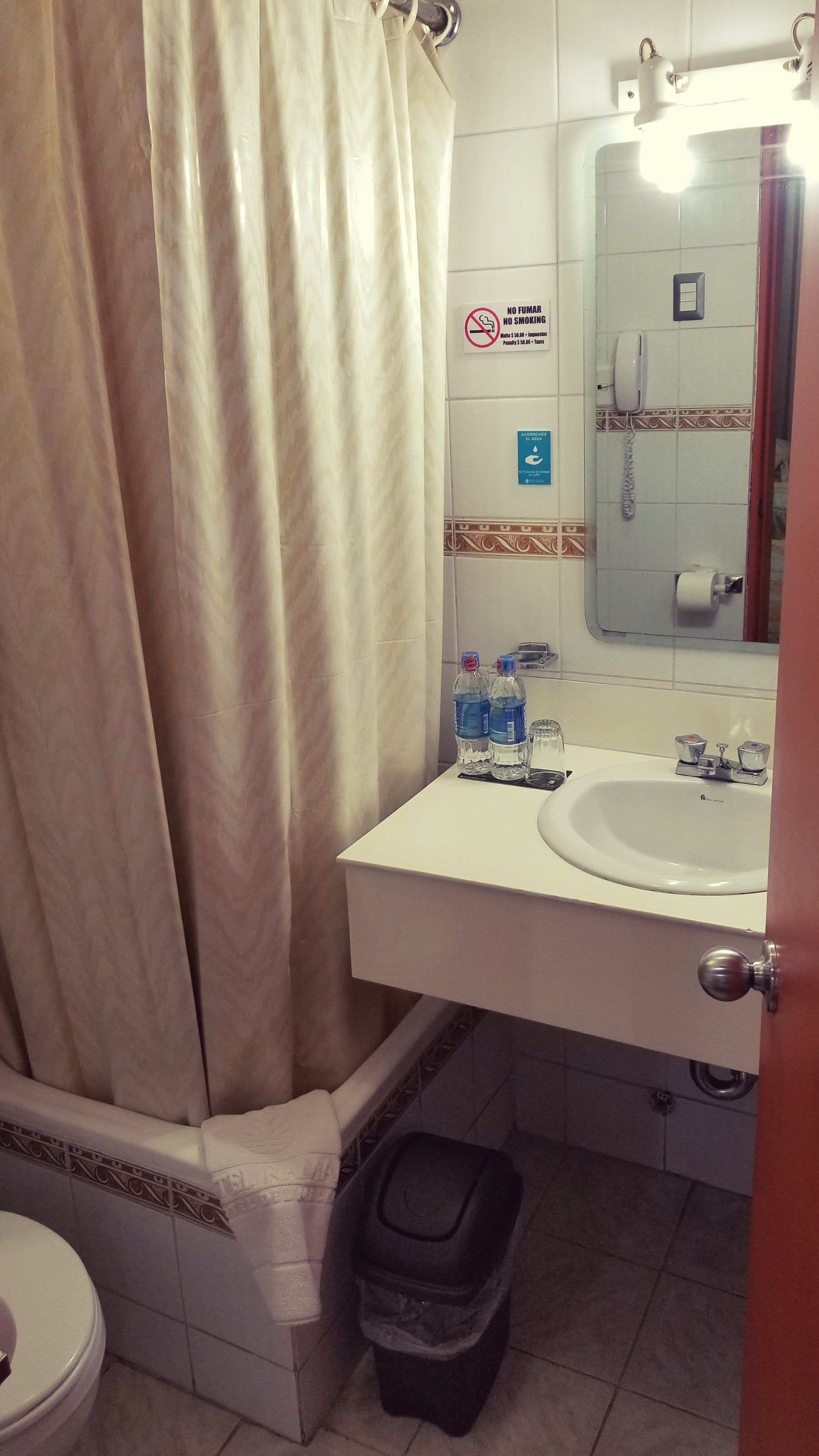 Un baño con cortina de ducha, lavamanos con espejo, un cubo de basura y un inodoro.