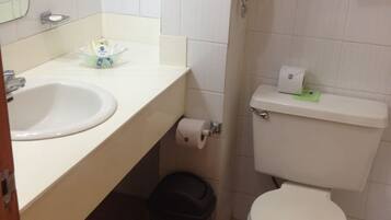 A small bathroom with a sink, toilet, and trash bin.