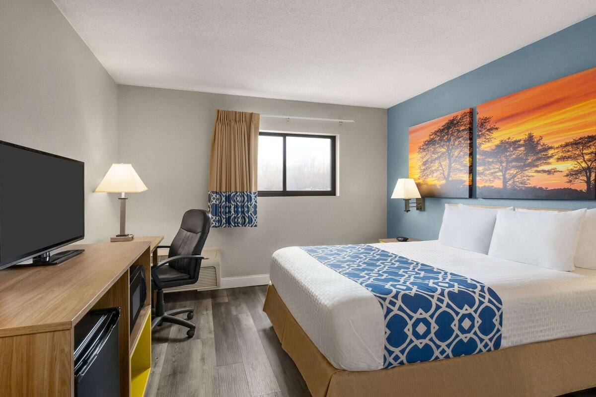 A hotel room with a bed, desk, TV, chair, and a painting of a sunset.