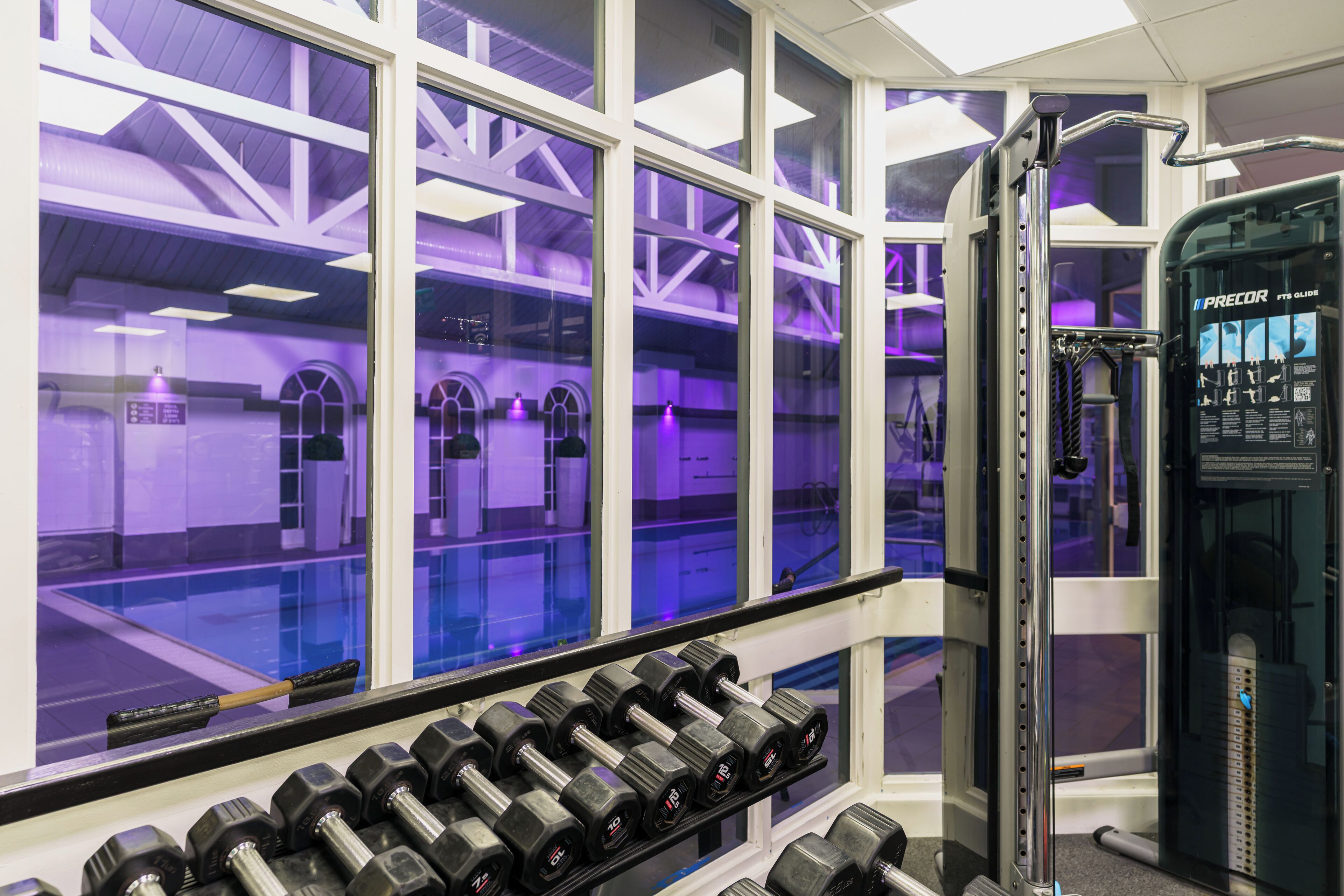 A gym with a row of dumbbells, a weight machine, and large windows with a purple-lit interior.