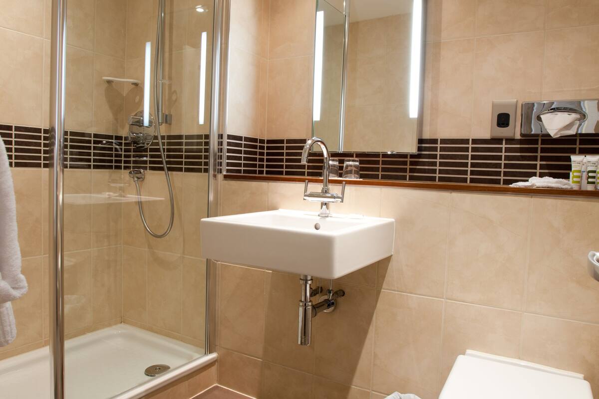 shower, eco-friendly toiletries, hair dryer, towels