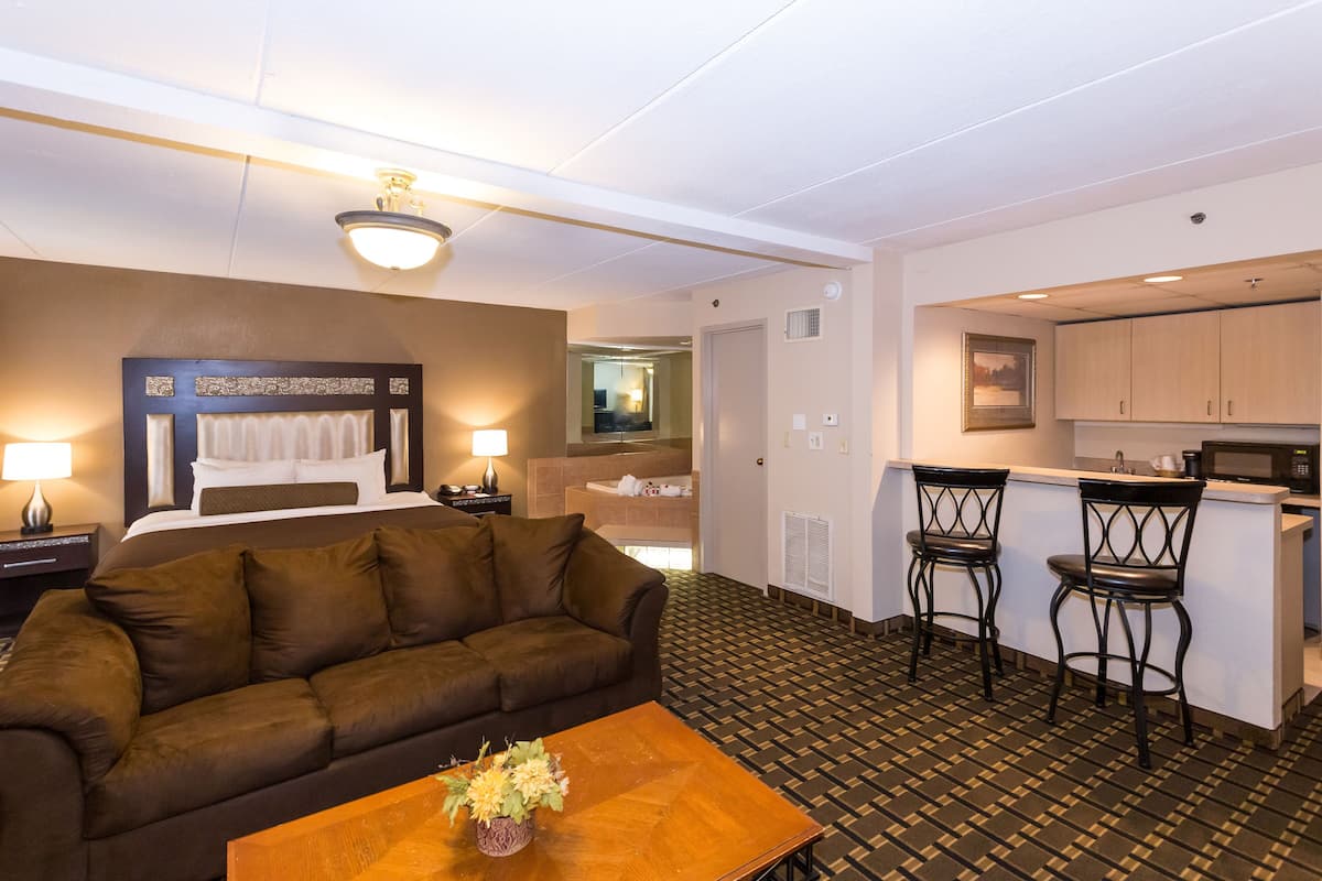 Une chambre d’hôtel avec un canapé, une table basse agrémentée de fleurs, un coin cuisine et une salle de bain visible au fond.