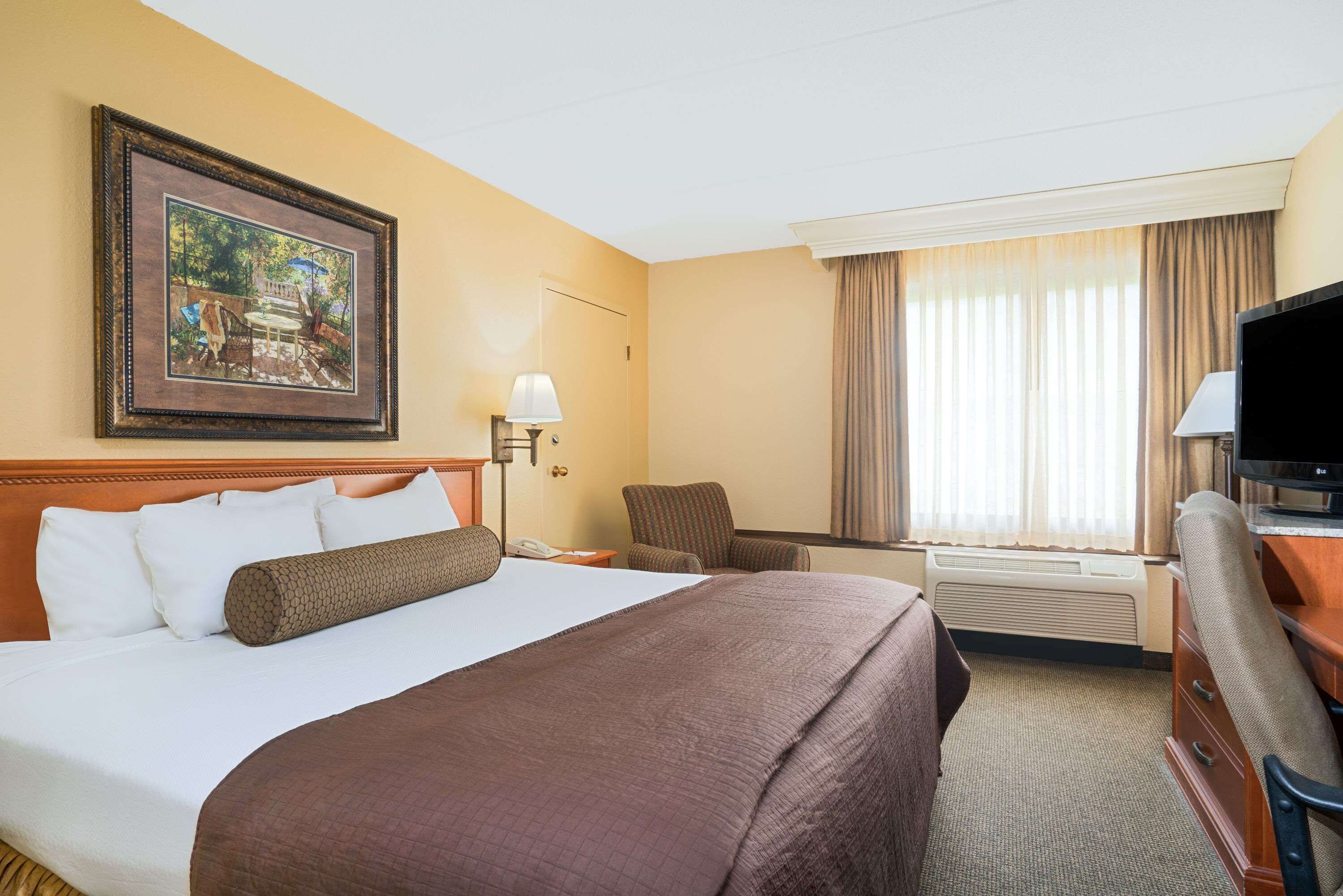Camera d'albergo con un letto grande, una poltrona, una scrivania con televisore e un quadro appeso al muro.
