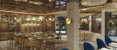 A modern restaurant interior with high ceilings, exposed beams, and a variety of seating arrangements.