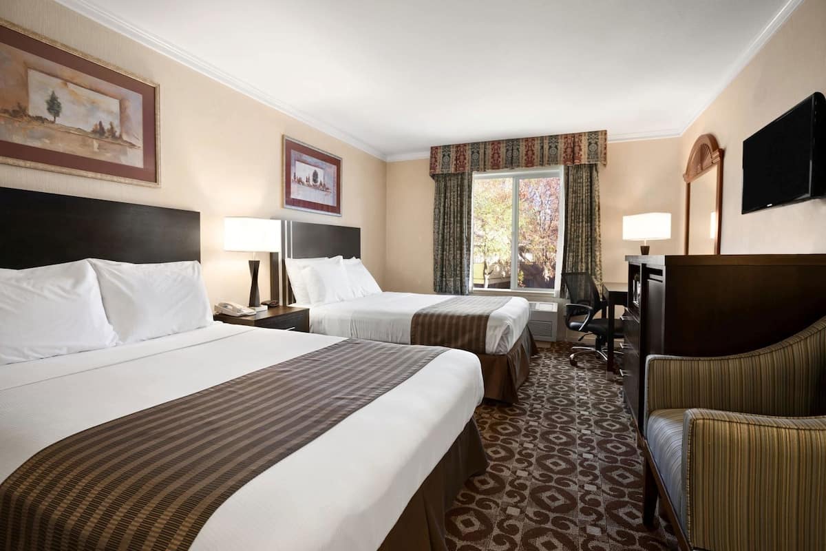 Premium bedding, desk, laptop workspace, blackout drapes