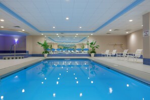 Indoor pool, seasonal outdoor pool, pool umbrellas, pool loungers