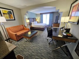 Una habitación de hotel con una cama, un sofá, un escritorio y una silla.