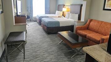 Suite, 2 Double Beds, Non Smoking | Desk, laptop workspace, blackout drapes, iron/ironing board
