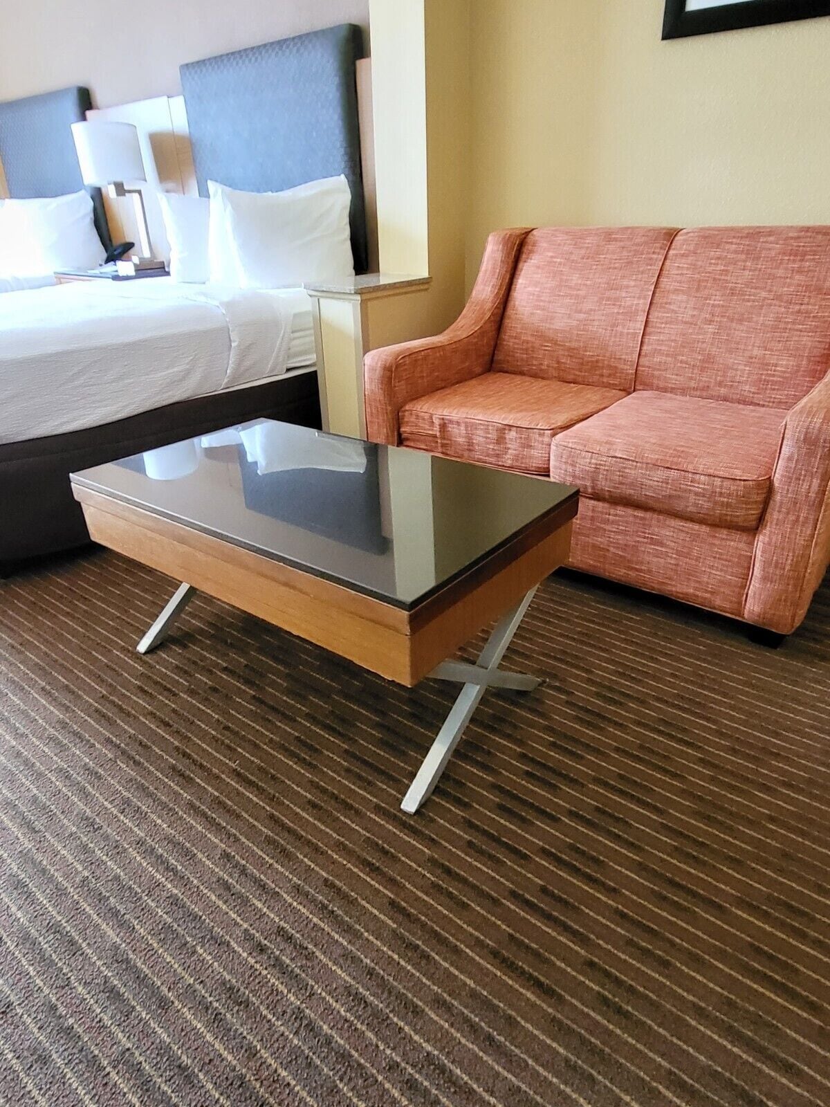 desk, laptop workspace, blackout curtains, iron/ironing board