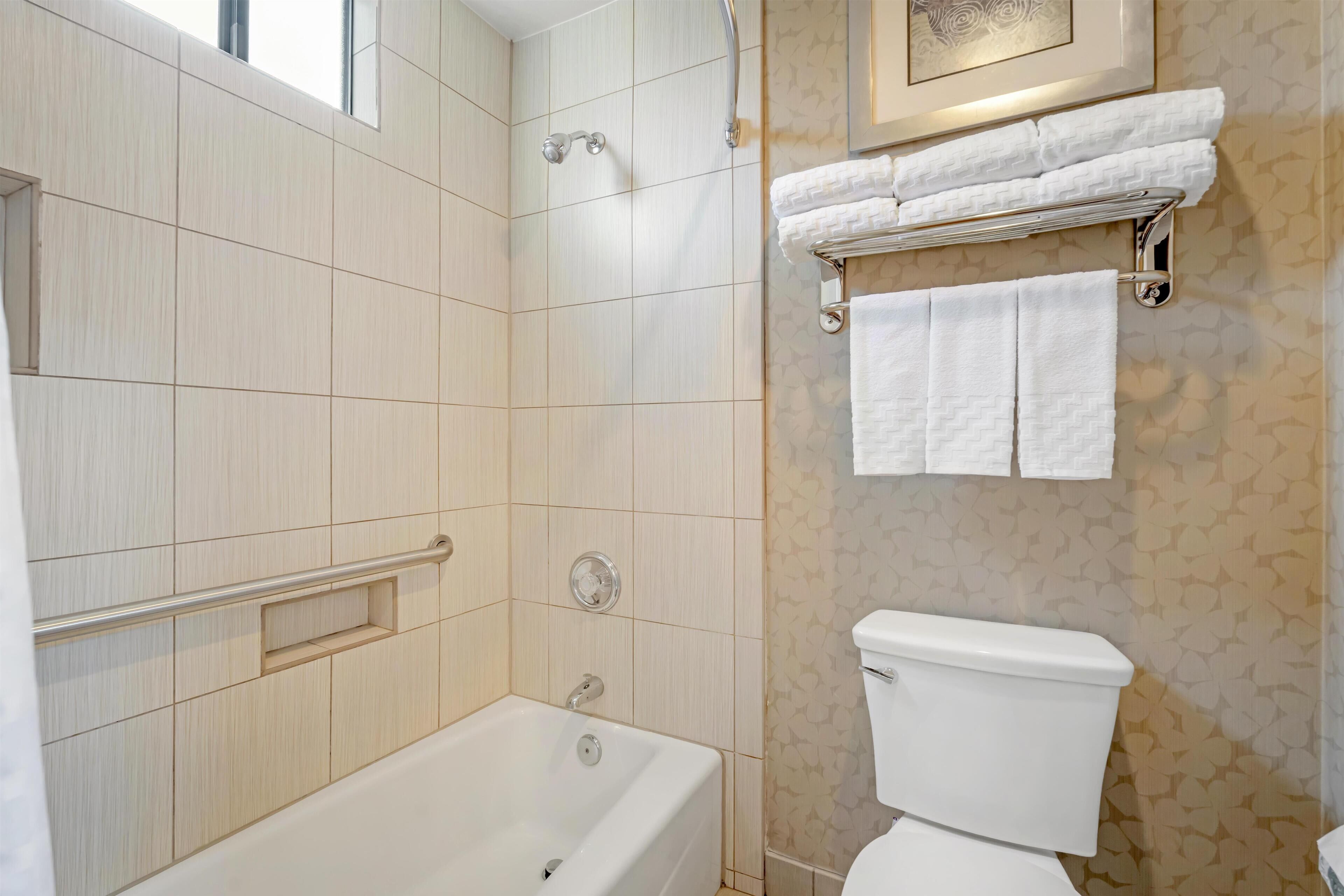Une salle de bain avec une baignoire, des toilettes et un porte-serviettes.