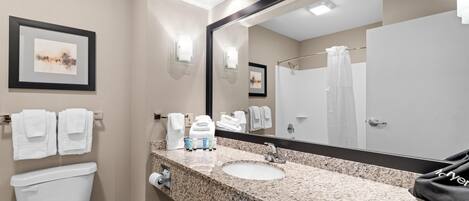 Une salle de bain équipée de toilettes, d’un lavabo et d’un grand miroir. On y trouve des serviettes et des articles de toilette sur le comptoir.