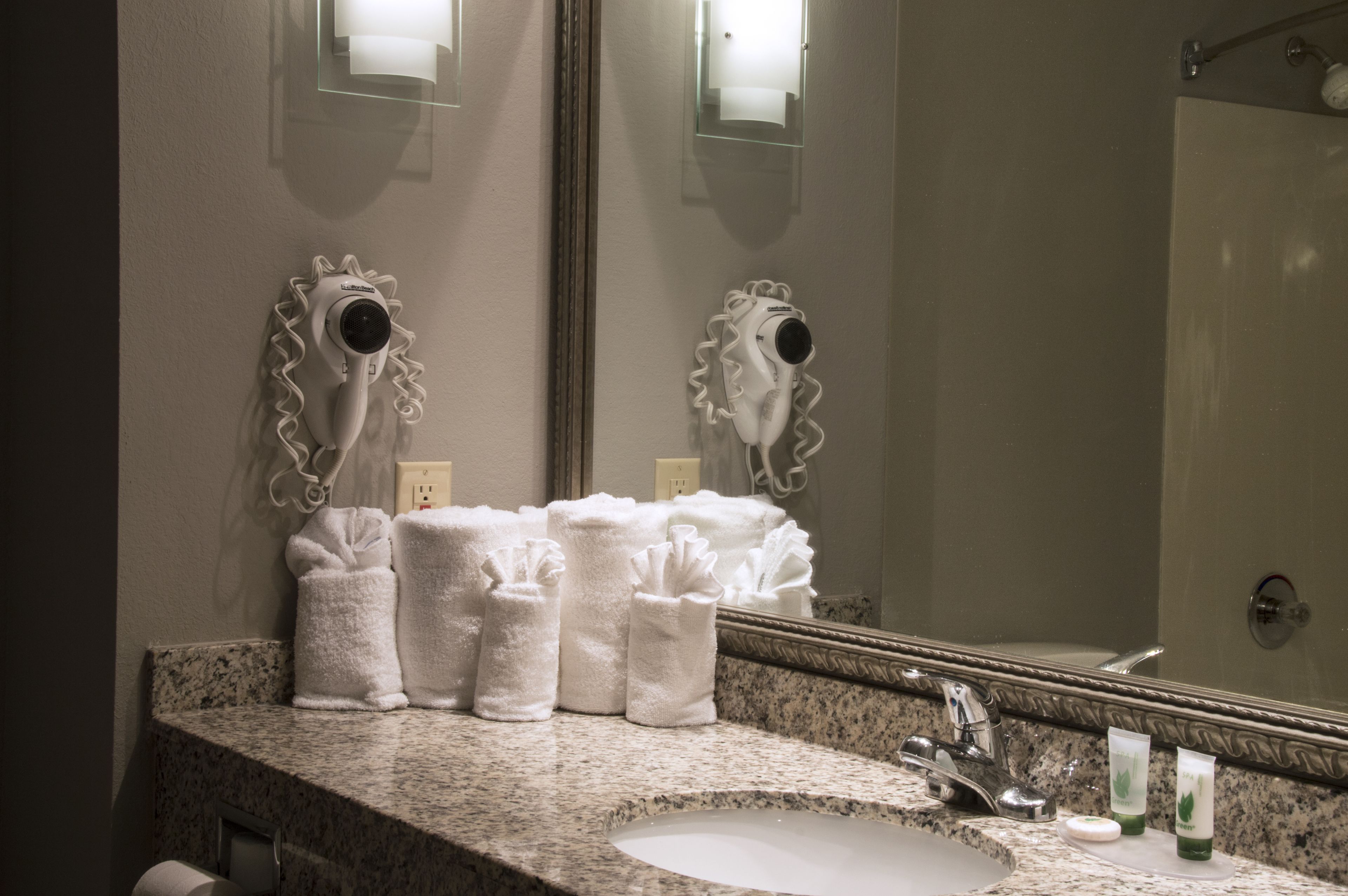 combined shower/bathtub, free toiletries, hair dryer, towels