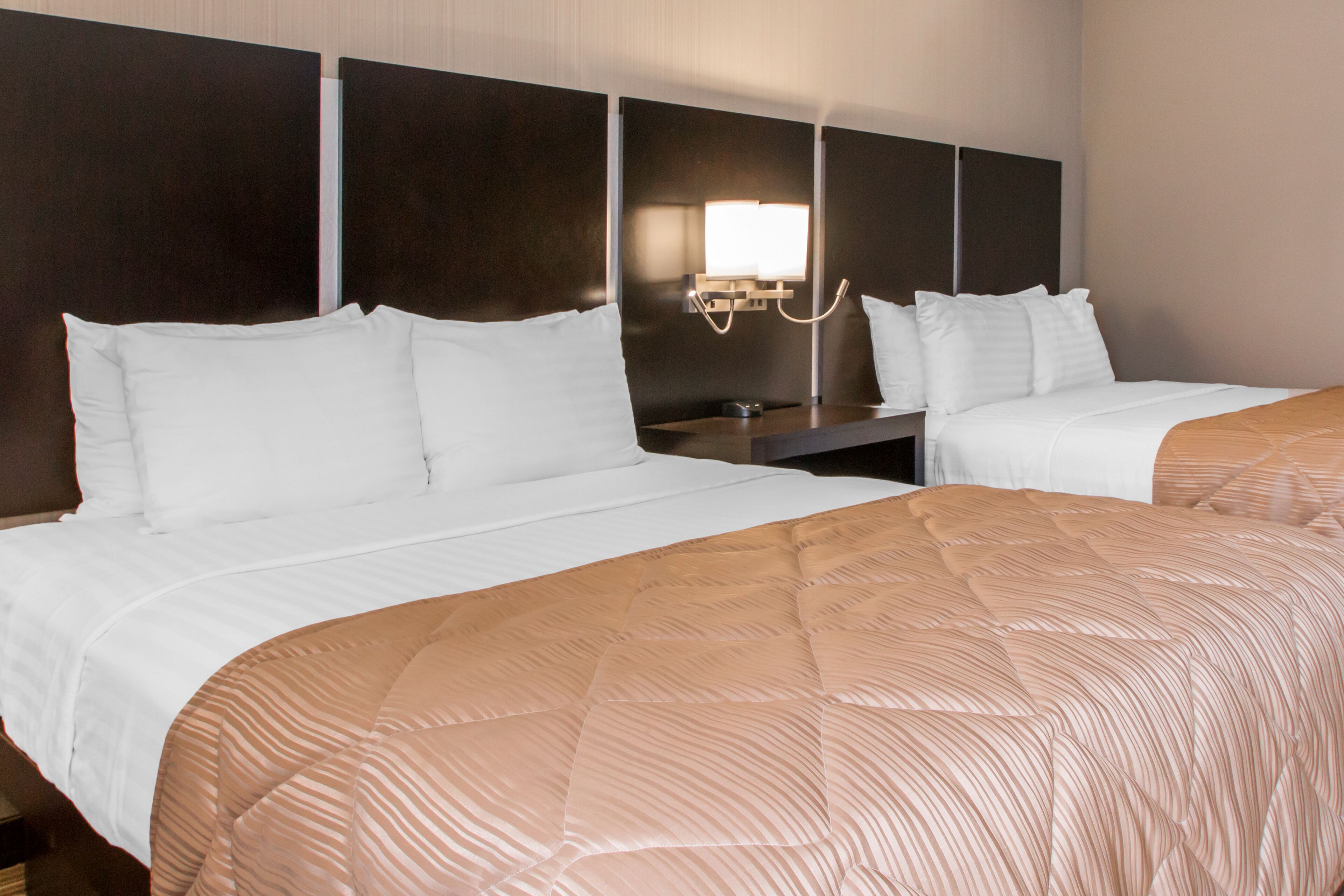 signature room, 2 queen beds, kitchen | premium bedding, desk, laptop workspace, blackout curtains