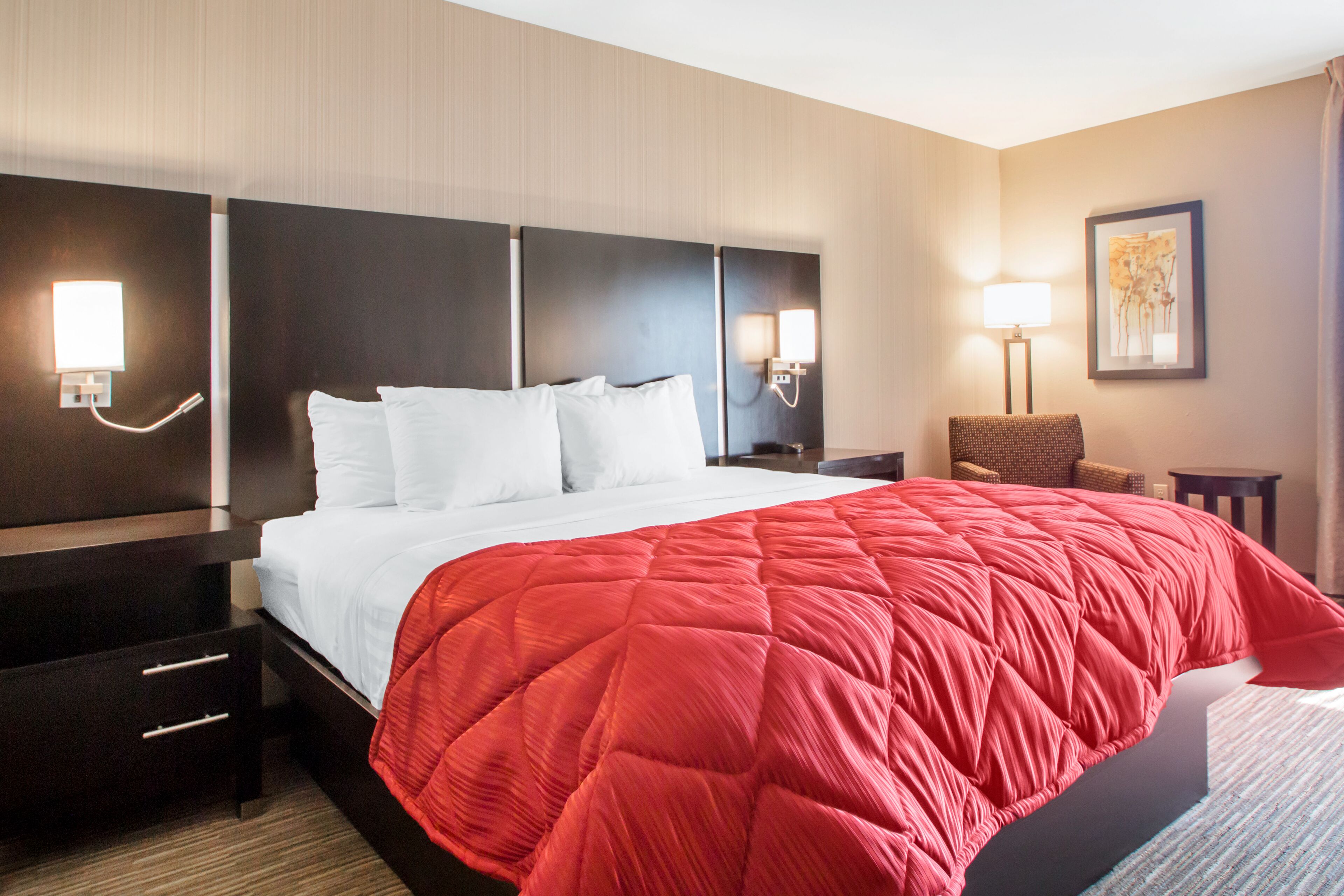 premium bedding, desk, laptop workspace, blackout curtains