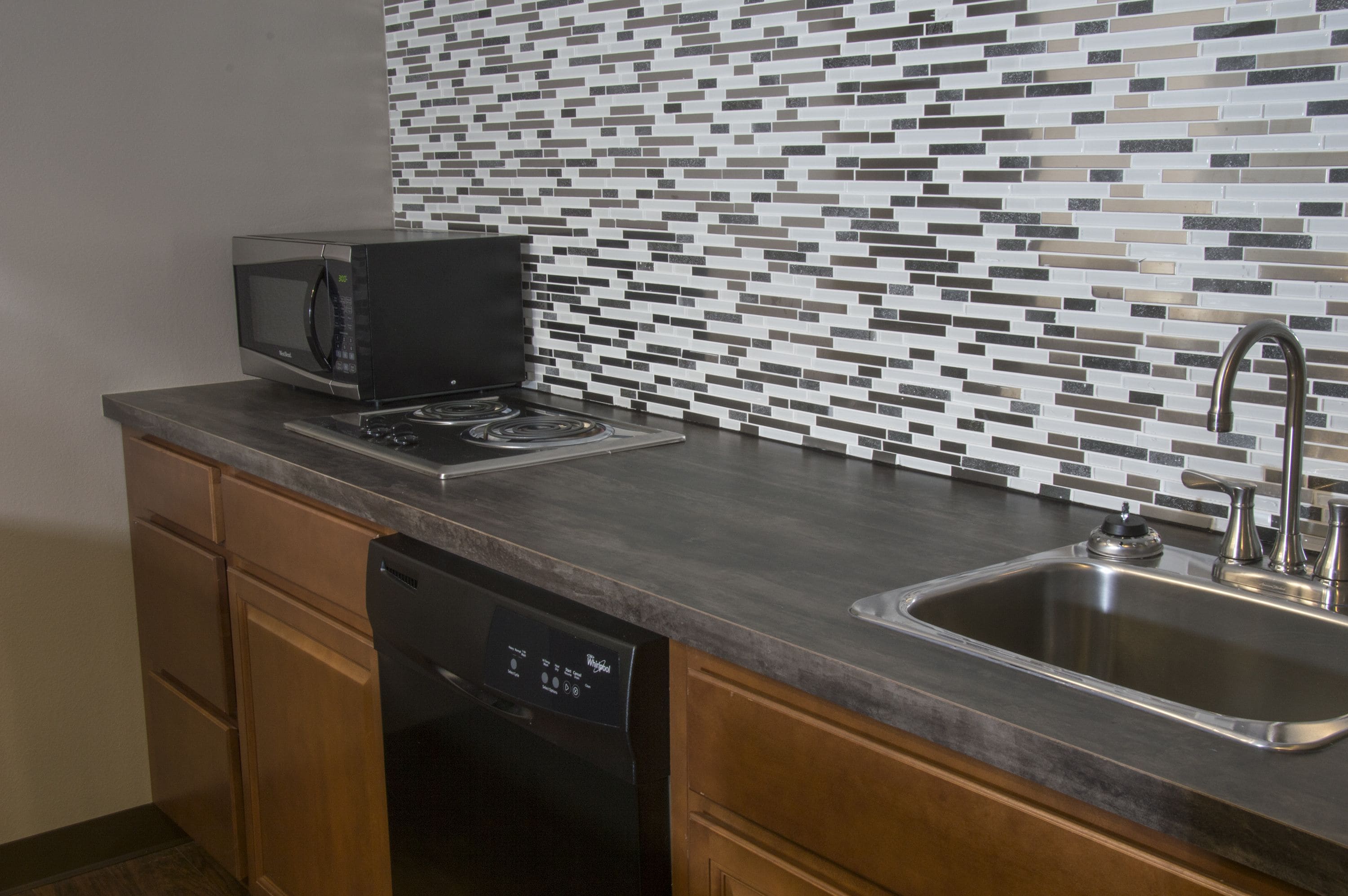 fridge, microwave, dishwasher, coffee/tea maker