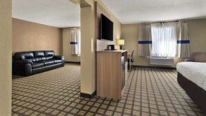 Habitación de hotel con sofá, escritorio con televisión de pantalla plana, cama y alfombra estampada.
