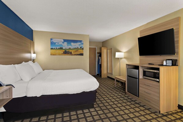 A hotel room with a bed, a TV, a microwave, and a refrigerator.