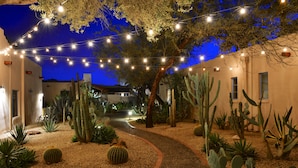 Un jardín desértico con cactus y un sendero que conduce a un edificio.