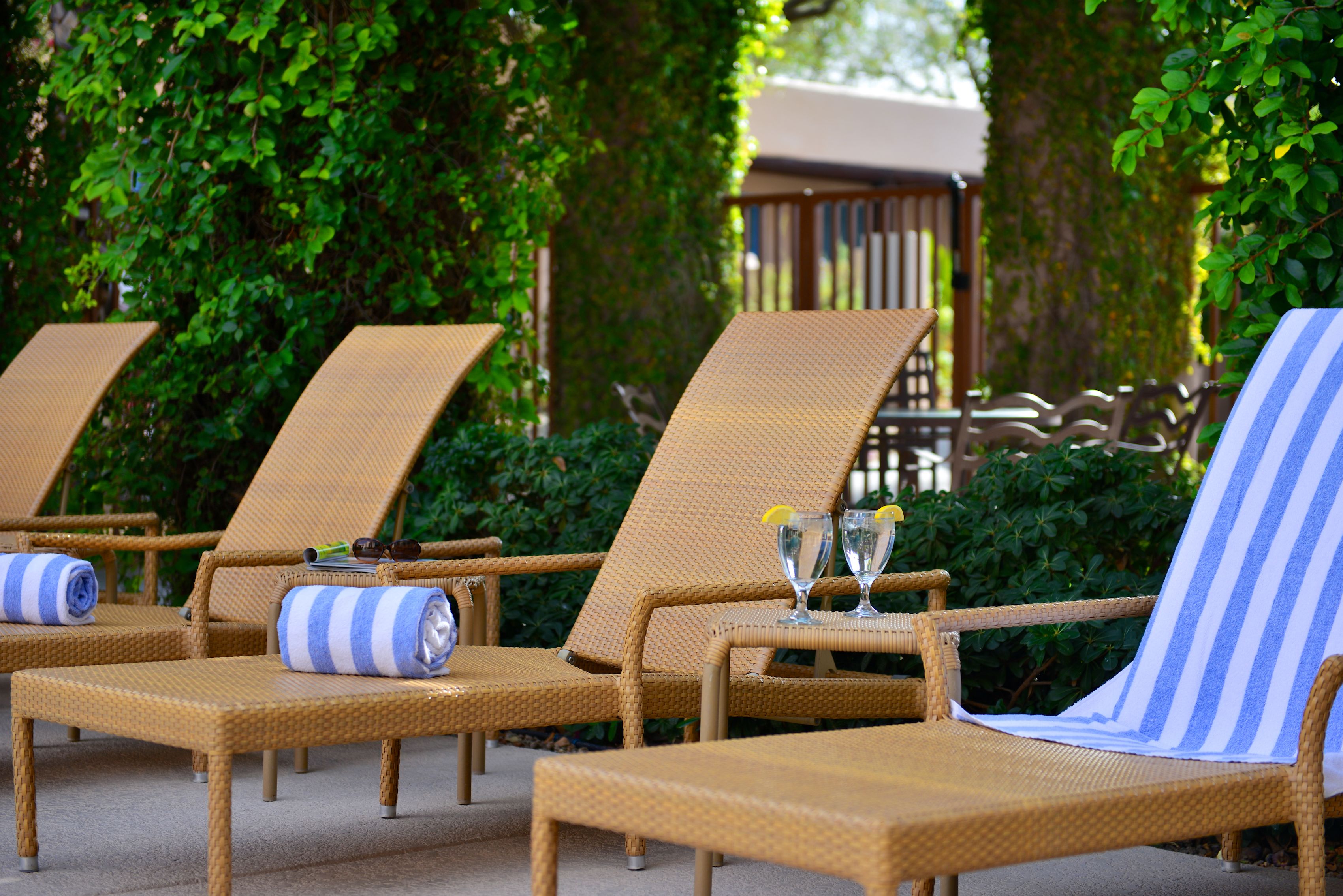 A row of wicker lounge chairs with towels, a glass of water, and a bottle on one of them.