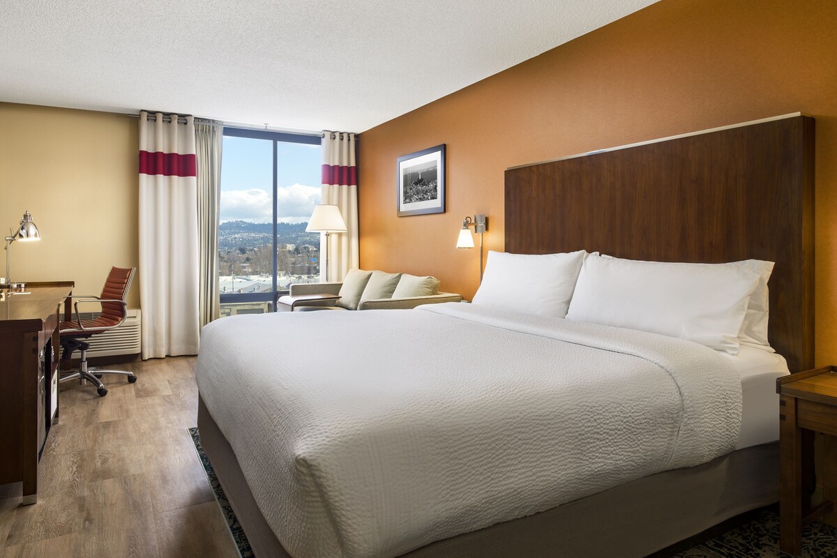 Een hotelkamer met een groot bed, een bureau, een stoel en uitzicht op de stad.